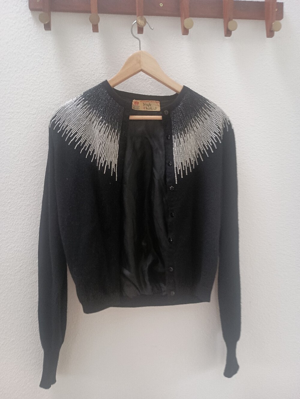 VTG Pringle of Scotland Black Cashmere Beaded Cardigan Sweater Lined M MINT
